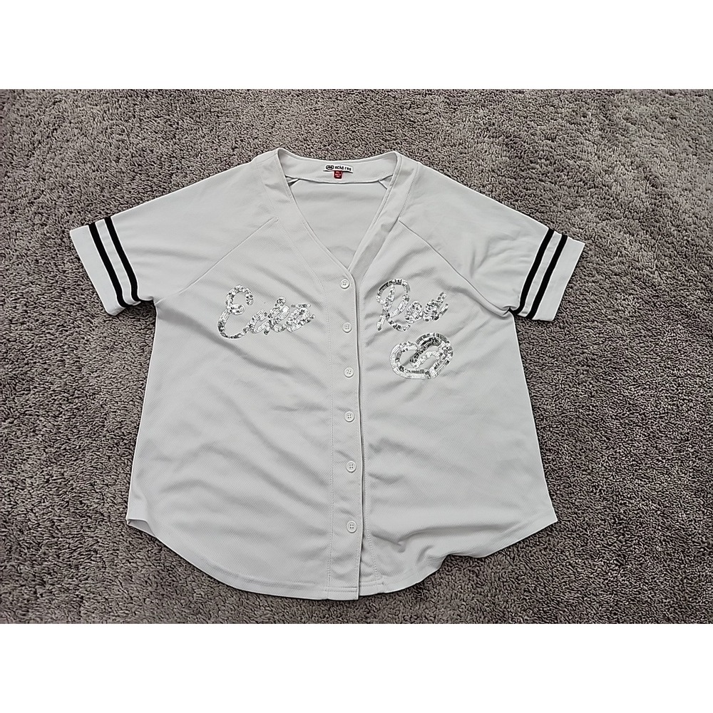 Ecko Red Baseball Jersey Top Womens XL White Button Up Sequin Y2k Streetwear